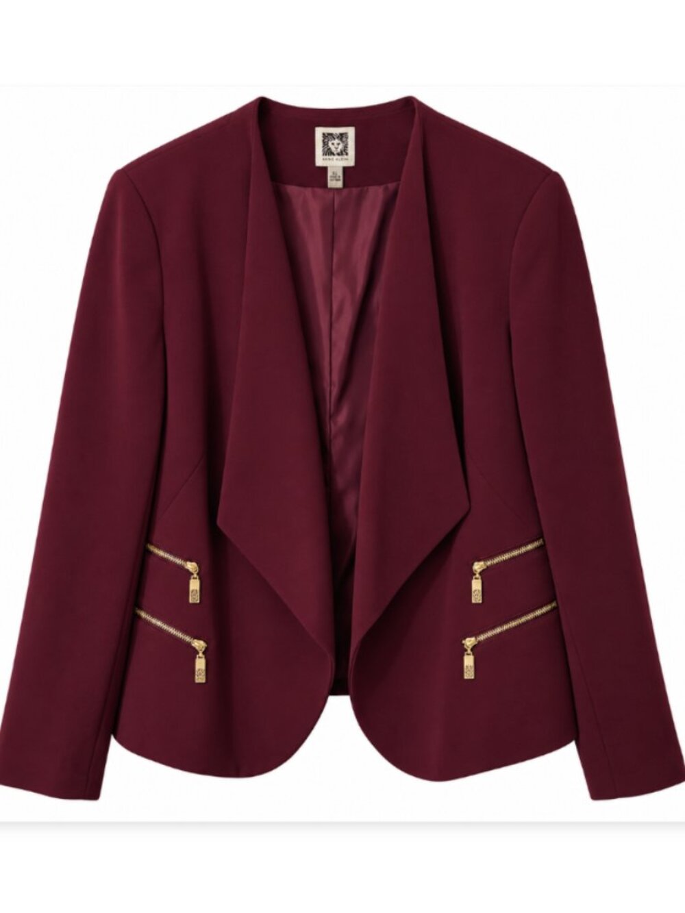 Anne Klein Burgundy Draped Blazer Gold Zip Pockets Women’s XL